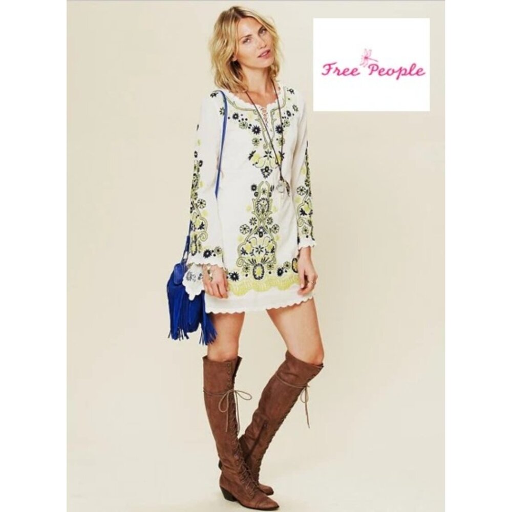 Free People Ivory Floral Embroidered Long Bell Sleeves Boho Mini Dress